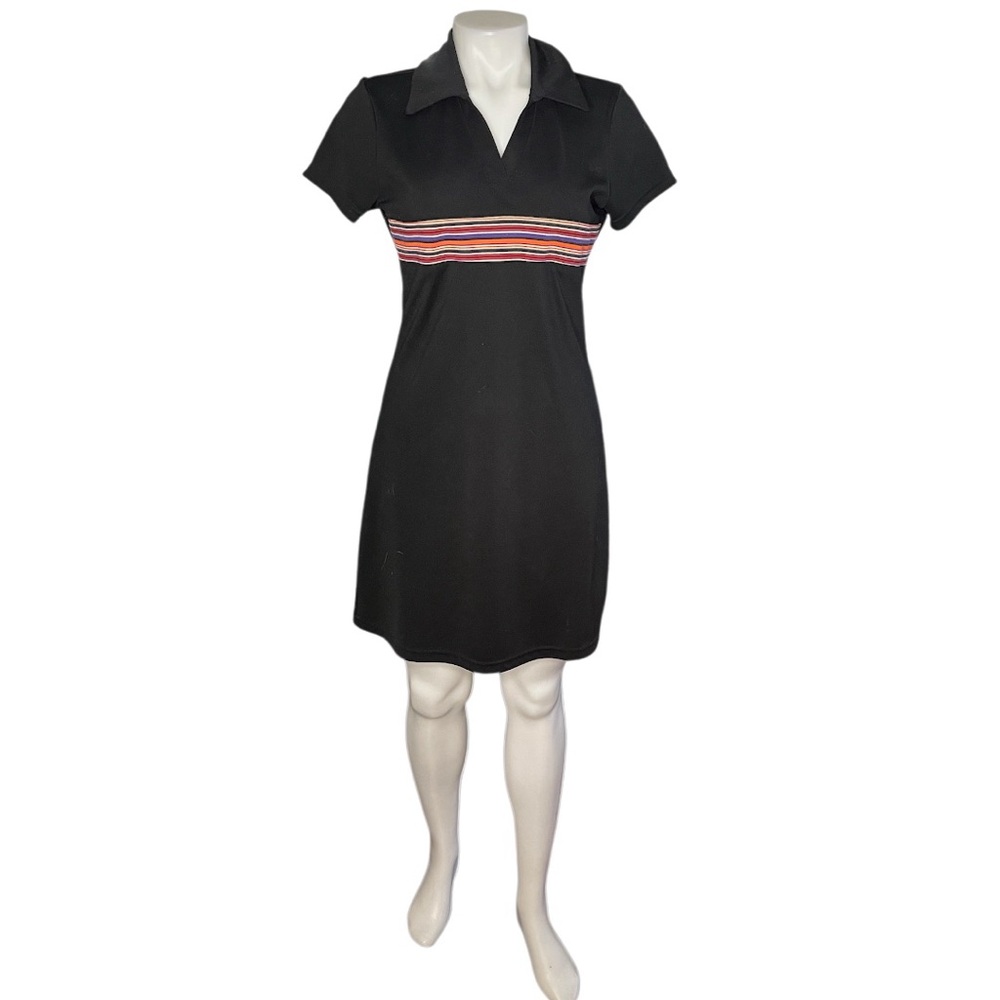 EXPRESS Black Dress Rainbow Striped Short Sleeve Polo Style Size Medium VINTAGE
